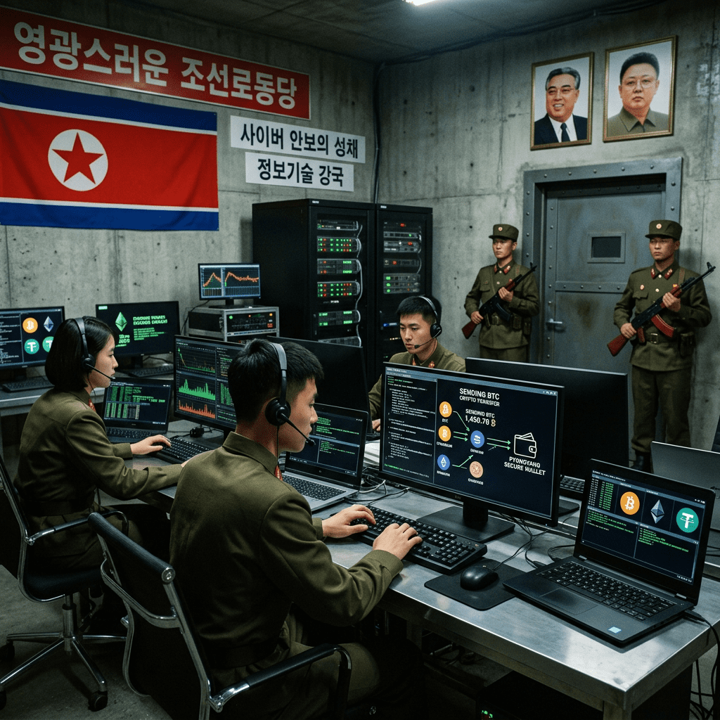North Korean soldiers operating computers in a cyber warfare room with cryptocurrency data on screens